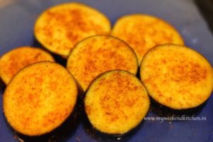 eggplant spices marinated in spice for begun bhaja