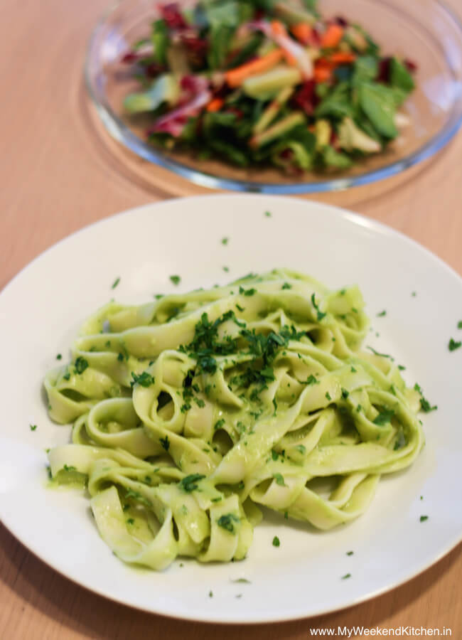 easiest avocado pasta sauce with rice fettuccine and a side salad