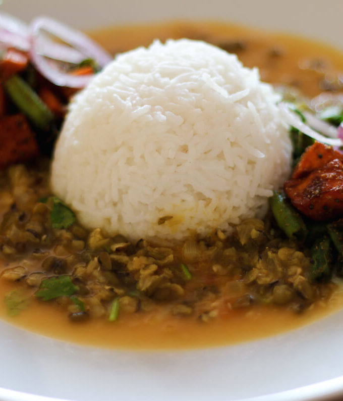 chilka moong dal with rice, Indian split green lentil curry