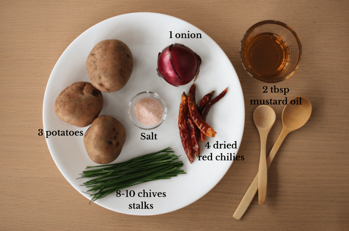Ingredients for aloo kangmet, spicy Indian mashed potato